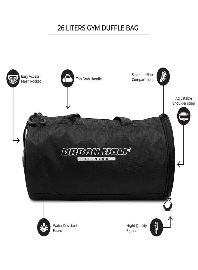 Urban Wolf 26L Gym Duffle Bag | Unisex Black | Separate Shoe Compartment | Quick Access Pocket | Durable Polyester | Multi-Functional Sports & Travel Bag | Dimensions 49x23x23 cm - Image 2